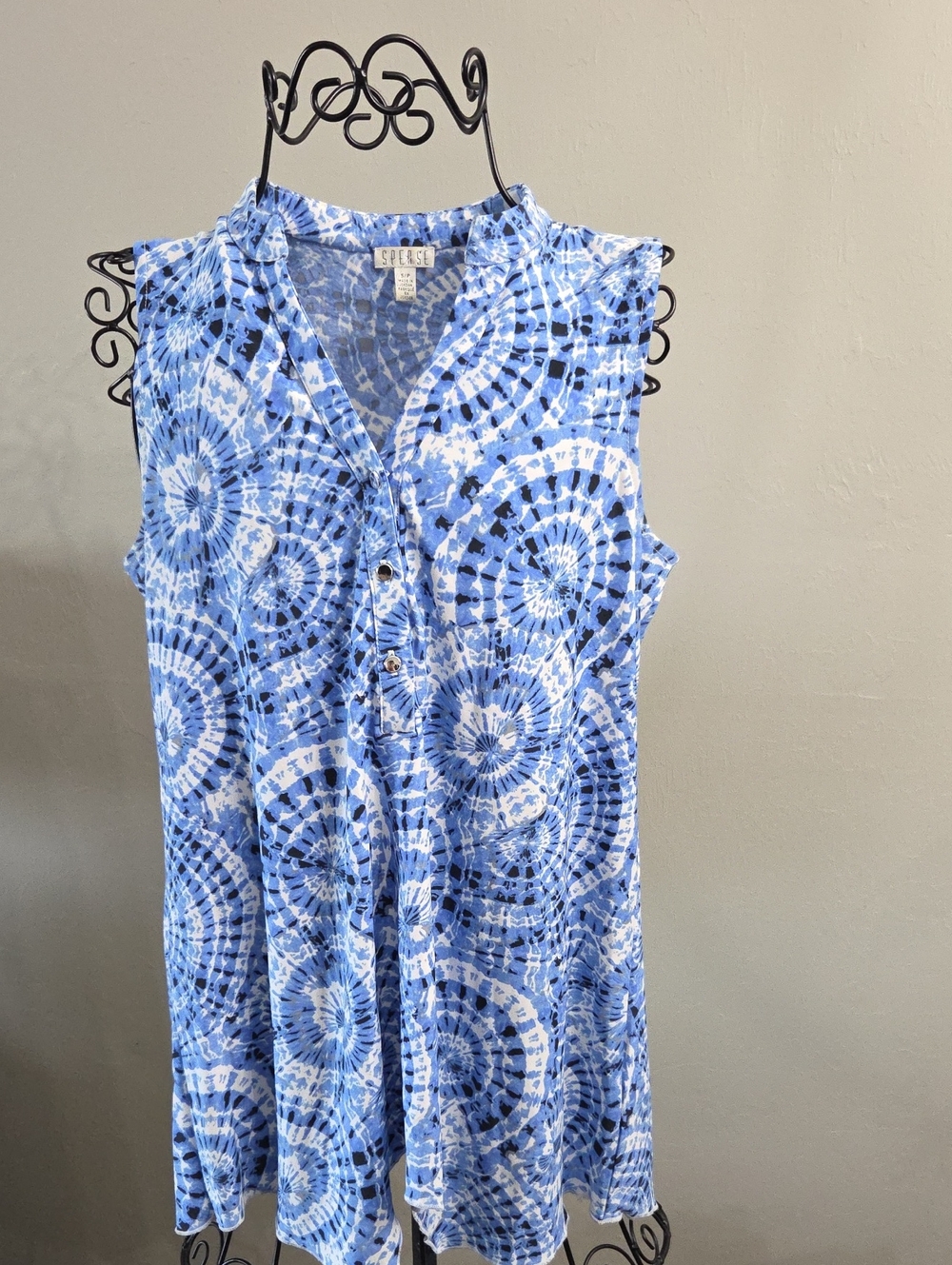 Spense Blue and White Tie-Dye Sleeveless Tunic With Modified Shark-bite Hem